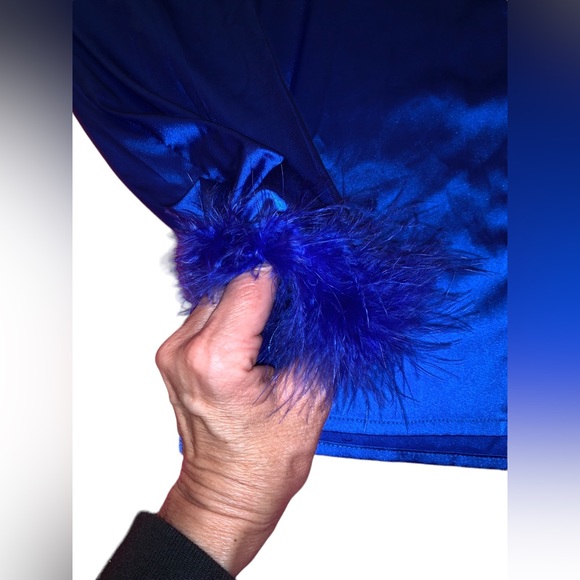 Royal Blue silk Blouse with Blue feather detail at cuff - Picture 11 of 11